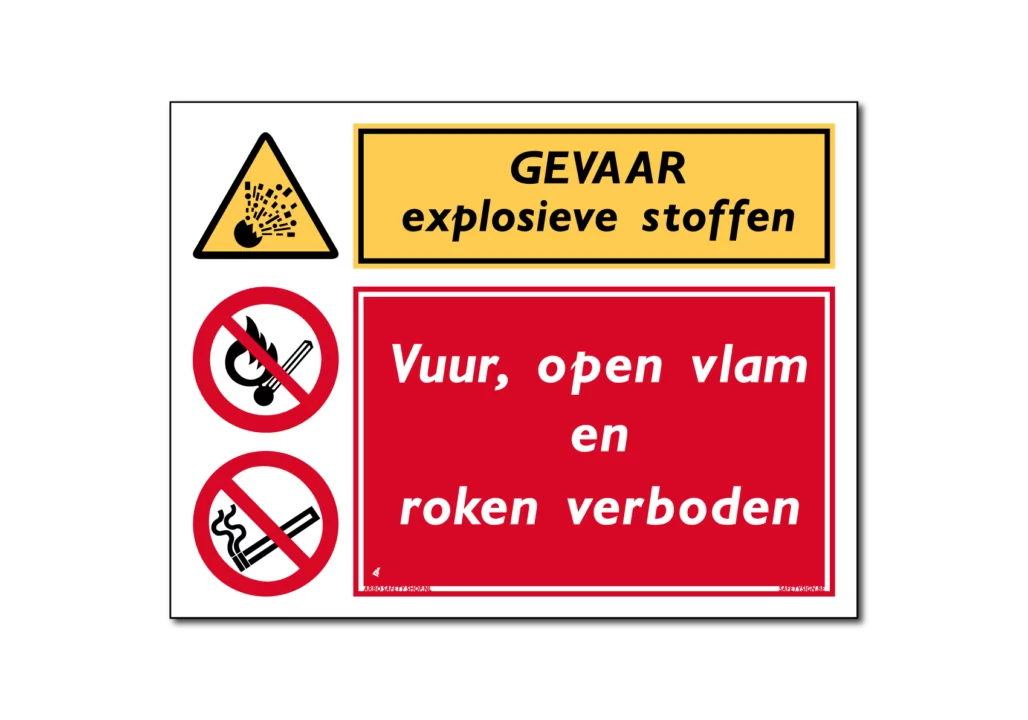 Gevaar Explosieve stoffen / vuur, open vlam en roken verboden combinatiebord / sticker