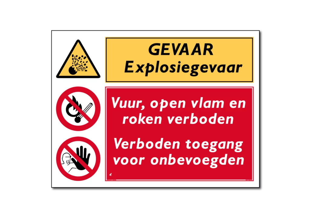 Gevaar explosiegevaar / vuur, open vlam en roken verboden / verboden toegang voor onbevoegden combinatiebord / sticker