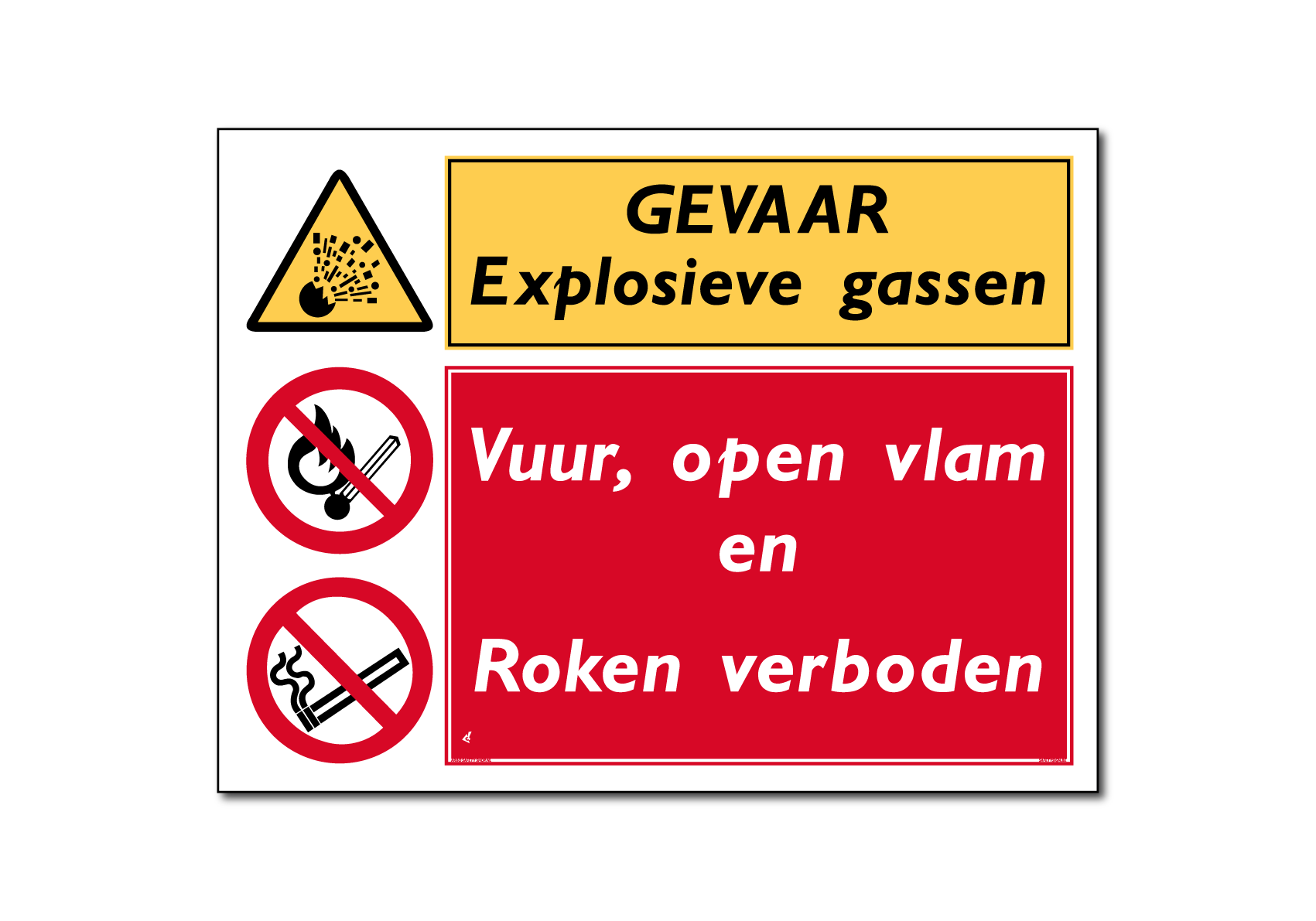 Gevaar Explosieve gassen Vuur, open vlam en roken verboden combinatiebord / sticker