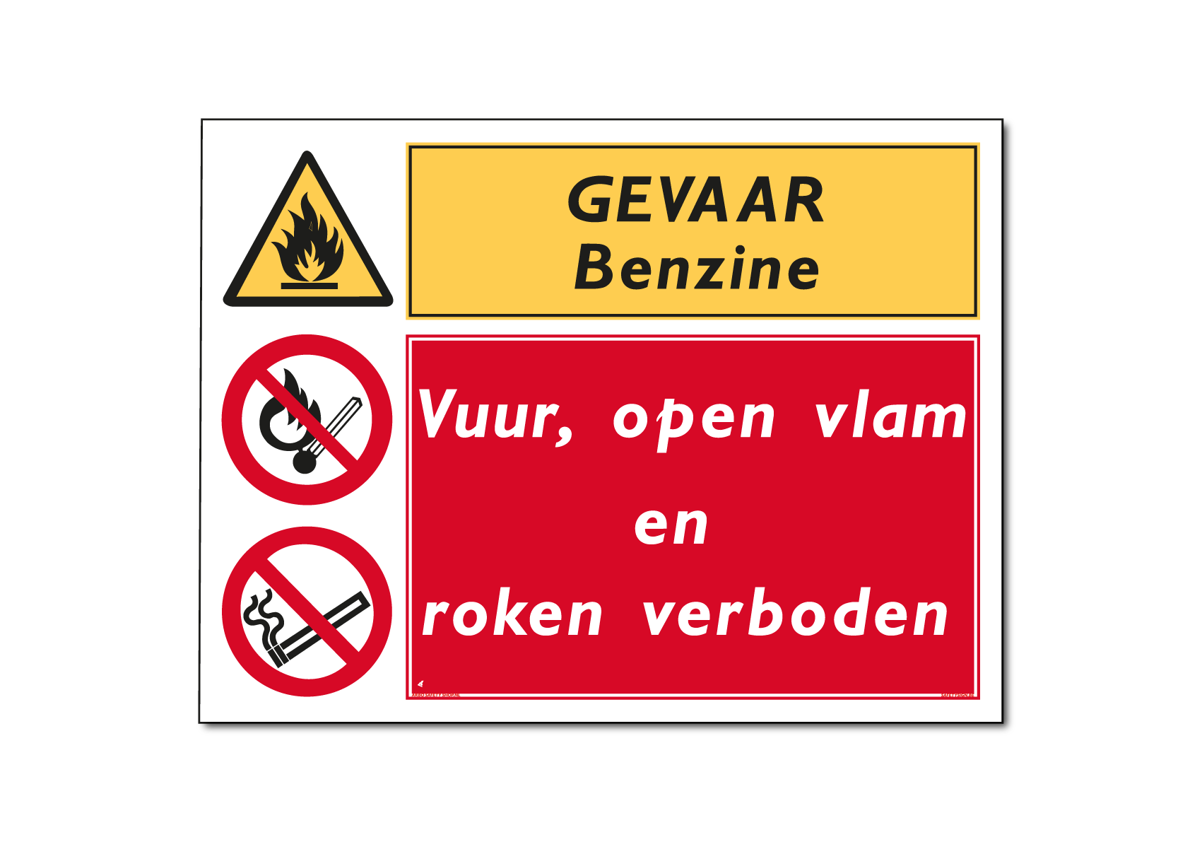 Gevaar Benzine Vuur, open vlam en roken verboden combinatiebord / sticker