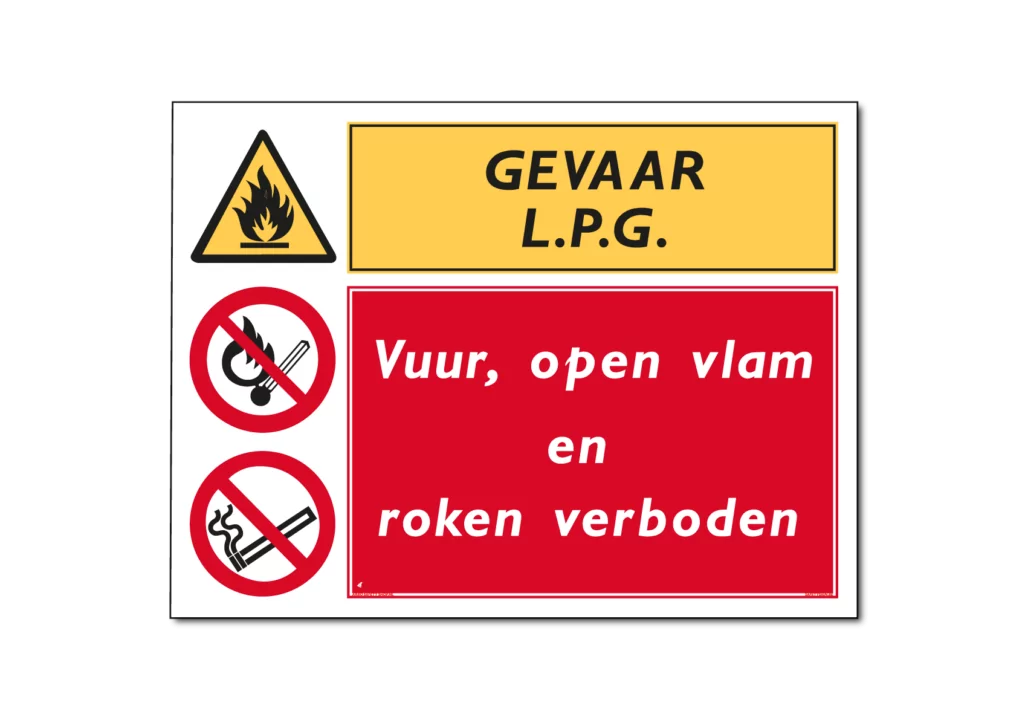 Gevaar L.P.G. Vuur, open vlam en roken verboden bord / sticker