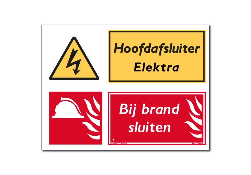 Hoofdafsluiter Elektra bij brand sluiten bord/ sticker