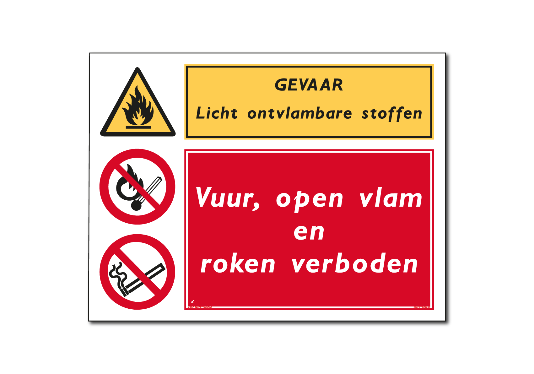 Gevaar Licht ontvlambare stoffen Vuur, open vlam en roken verboden combinatiebord /sticker