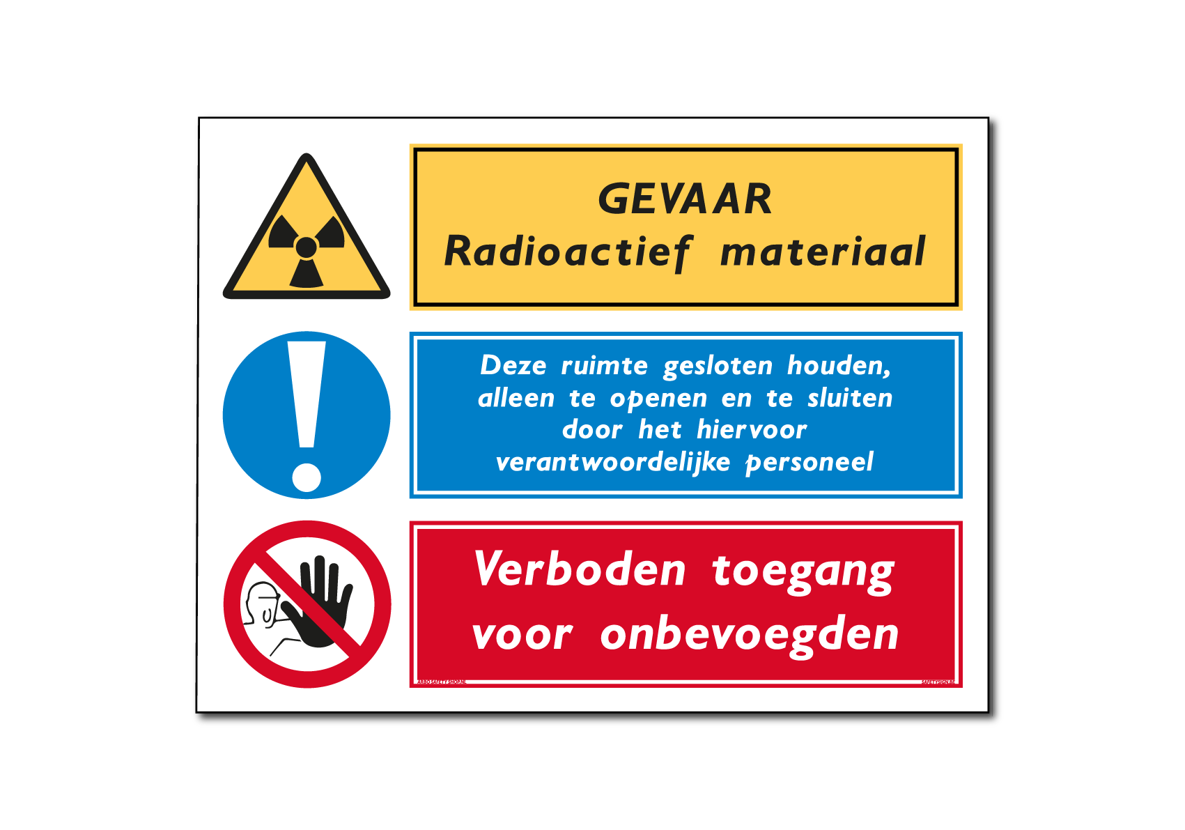 Waarschuwing radioactief materiaal / deze ruimte gesloten houden / verboden toegang voor onbevoegden combinatiebord / sticker