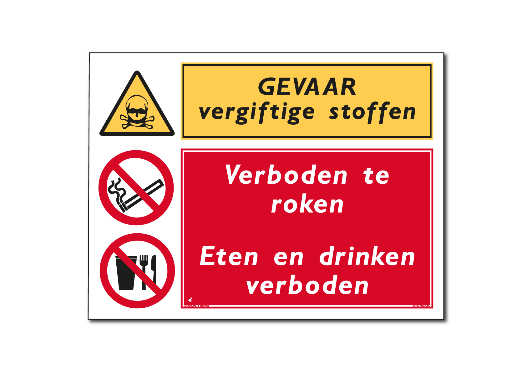 Gevaar vergiftige stoffen / vuur, open vlam en roken verboden / eten en drinken verboden combinatiebord / sticker